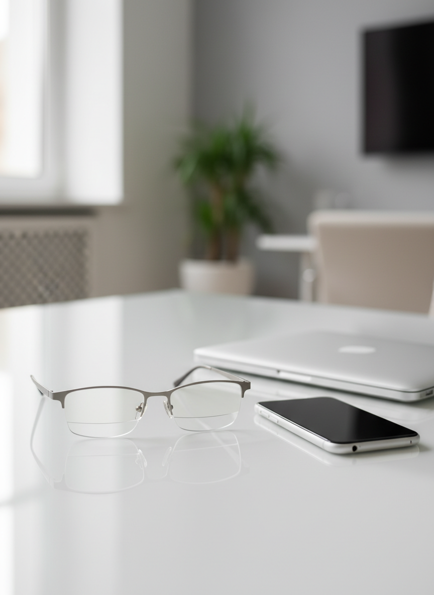 A pair of high-end multifocal eyeglass lenses mounted in a sleek, thin, brushed-metal frame, resting neatly on a spotless white glass desk beside a closed silver laptop and a modern smartphone. The lenses show subtle reflections suggesting different focal zones without visible lines, emphasizing clarity from near to far. Soft daylight from a large unseen window washes in from the left, creating gentle highlights on the metal and crisp yet understated shadows. The background falls into a soft bokeh of a minimalist office space with neutral tones. Photographic realism, shot at eye level with a shallow depth of field, conveys a professional, trustworthy, and contemporary mood, ideal for a premium optical brand homepage.