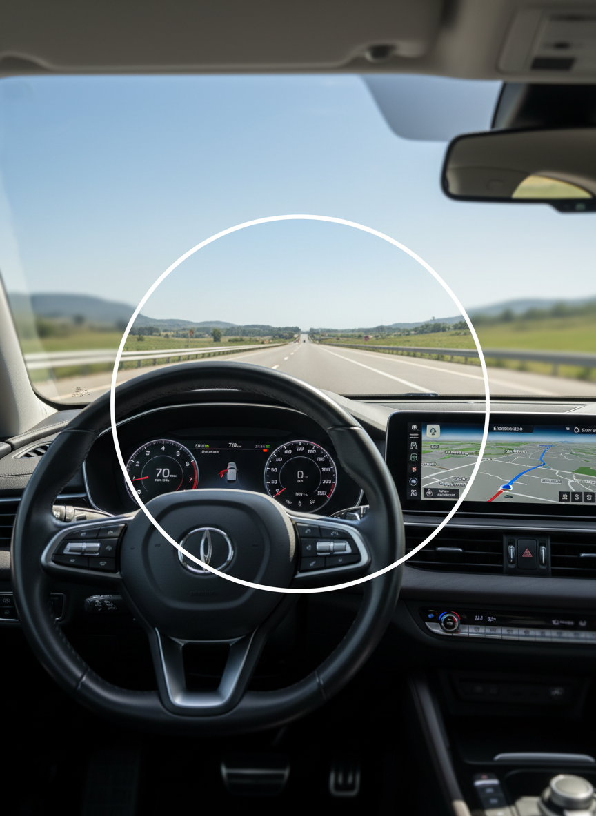 A car interior scene viewed entirely through a large transparent overlay simulating a multifocal lens, showing the road ahead, the dashboard, and a navigation screen all in crisp focus. The steering wheel, speedometer, and infotainment display are rendered with photographic realism and subtle reflections, while the landscape beyond the windshield shows a clear, bright day. Directional daylight from the front bathes the interior in natural light, with controlled contrast and gentle shadows. Areas outside the simulated lens border are slightly blurred, emphasizing enhanced driving vision with multifocals. Shot from the driver’s seat perspective with a wide horizontal composition, the image feels safe, controlled, and professional, ideal for a section about driving with multifocal lenses.