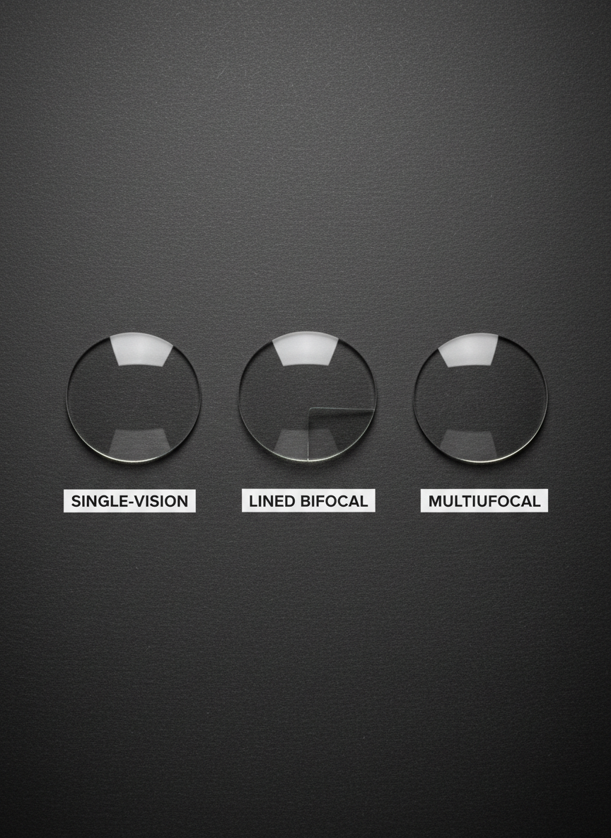 A neat arrangement of three different clear lenses lying flat on a matte charcoal surface: a traditional single-vision lens, a lined bifocal lens with a visible segment, and a smooth multifocal lens with a flawless continuous surface. Discreet white labels beneath each lens indicate their type in sleek typography. Overhead softbox lighting creates clean, even illumination with faint, precise shadows and delicate specular highlights along the lens edges. The background is dark and subtly textured, ensuring the lenses stand out with photographic realism. Shot from a slightly elevated top-down angle with sharp focus throughout, the image feels analytical and educational, ideal for a professional comparison section about why to switch to multifocals and avoid multiple pairs of glasses.