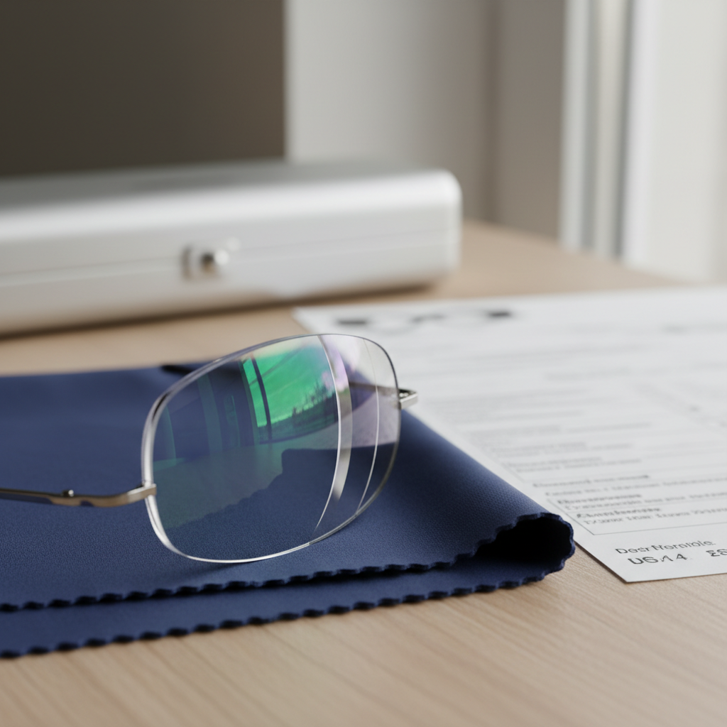 A macro, photographic-realistic shot of the edge of a multifocal lens resting on a soft, folded navy microfiber cleaning cloth atop a light wooden surface. The camera focuses on the ultra-polished bevel and thin profile of the lens, with delicate reflections indicating an advanced anti-reflective coating in subtle green and violet hues. Background elements, softly blurred, include a minimalist glasses case and a printed prescription sheet. Neutral, diffused window light from the right creates a calm, clinical clarity and soft shadows, highlighting the craftsmanship and technology. The composition is intimate and precise, perfect for emphasizing premium materials, coatings, and finishing quality of professional multifocal lenses.