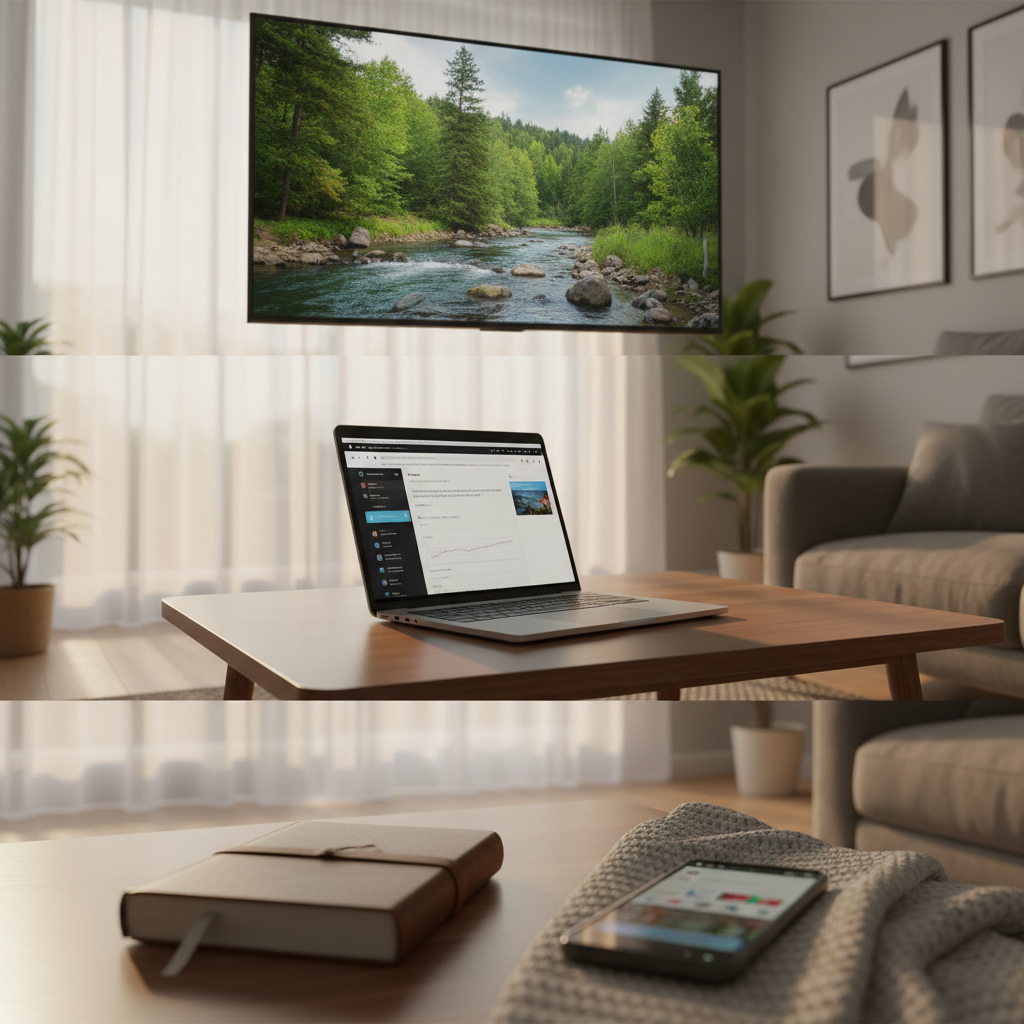 A tidy living-room scene captured through a conceptual split lens overlay: the upper part of the frame shows a crystal-clear television across the room, the middle section shows a sharply defined laptop on a coffee table, and the lower portion gives a tack-sharp view of a book and smartphone placed very close. The transitions between these areas are smooth and continuous, with no visible lines, suggesting modern multifocal technology. Warm, natural afternoon light filters through sheer curtains, creating a cozy yet refined mood. Photographic realism, eye-level composition, and gentle background bokeh emphasize comfort and functionality, perfectly suited to illustrate living without constantly changing between different pairs of glasses.