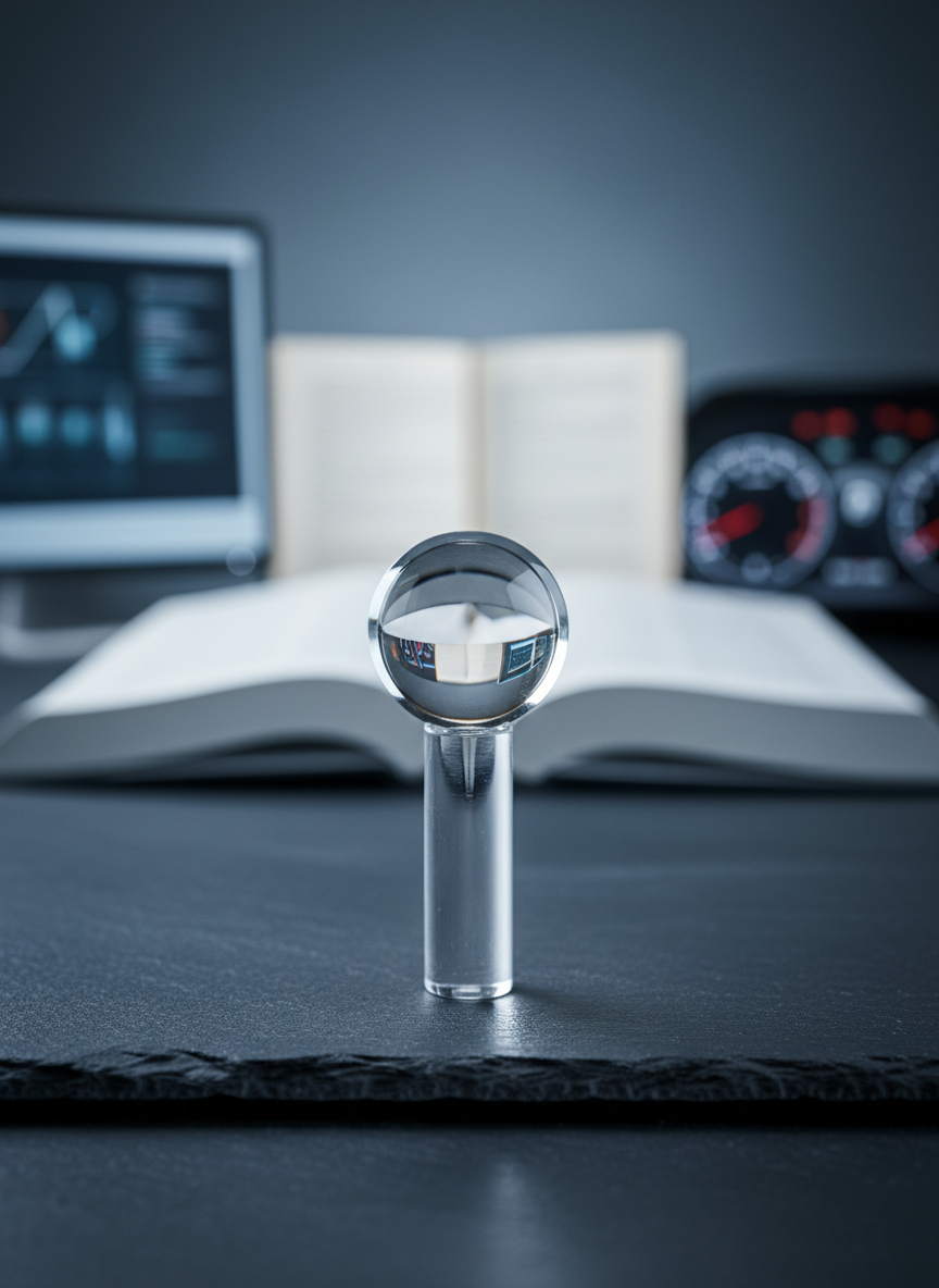 A close-up, photographic-realistic view of a single multifocal lens held upright by a transparent acrylic stand on a dark slate surface. The lens shows a faint, almost imperceptible gradient hinting at distance, intermediate, and near vision zones, without any hard segment lines. Behind it, out of focus, a computer monitor, an open book, and a car dashboard cluster are softly lit, symbolizing different visual distances. Cool, diffused studio lighting from above and slightly behind creates a subtle rim light around the lens edge and crisp reflections on the acrylic. The composition uses rule of thirds with sharp focus on the lens and a calm, technical, professional atmosphere suited for explaining how multifocal lenses work.
