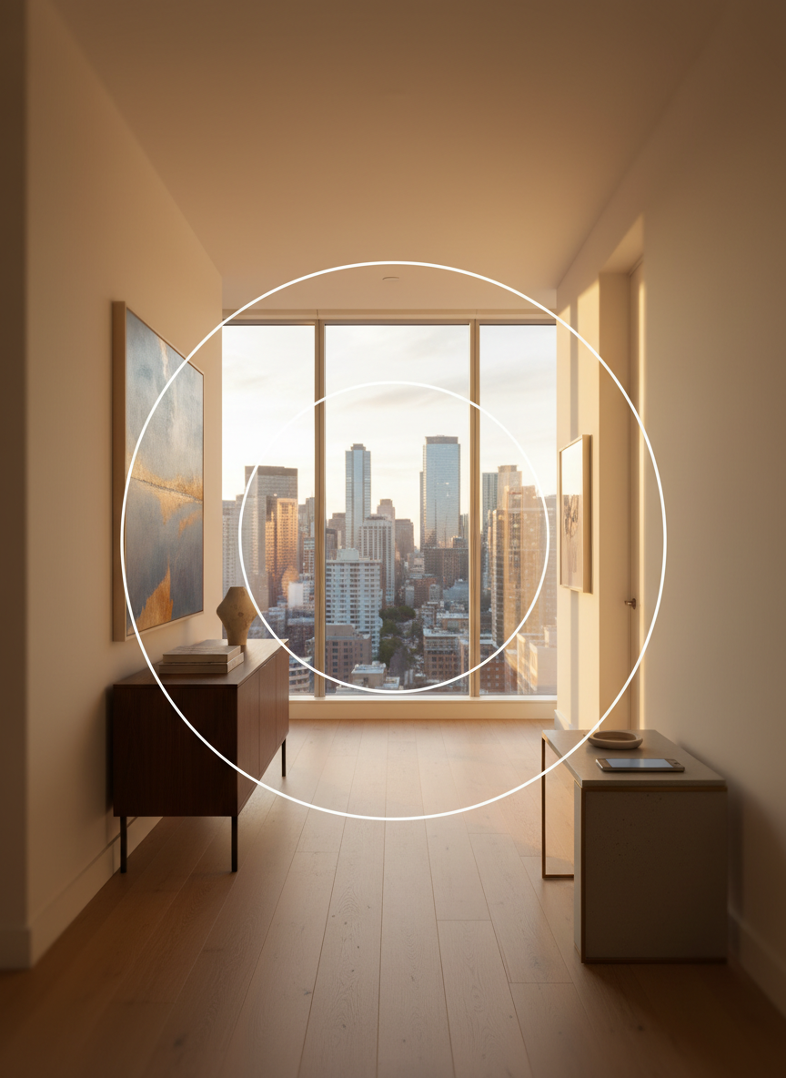 A stylish, open hallway of a modern apartment viewed through the perspective of looking through a large multifocal lens occupying the center of the frame. The lens area is tack-sharp, clearly rendering three zones: distant city skyline through a window at the far end, mid-distance artwork and console table, and a smartphone lying on a closer side table, all in focus. Outside the lens, the scene is gently blurred, emphasizing the benefit of multifocal clarity. Natural late afternoon light streams through the window, creating a warm, inviting glow and soft, directional shadows. Photographic realism with a slightly wide-angle lens feel, balanced composition, and a calm, aspirational mood that suggests all-day comfort and versatility.