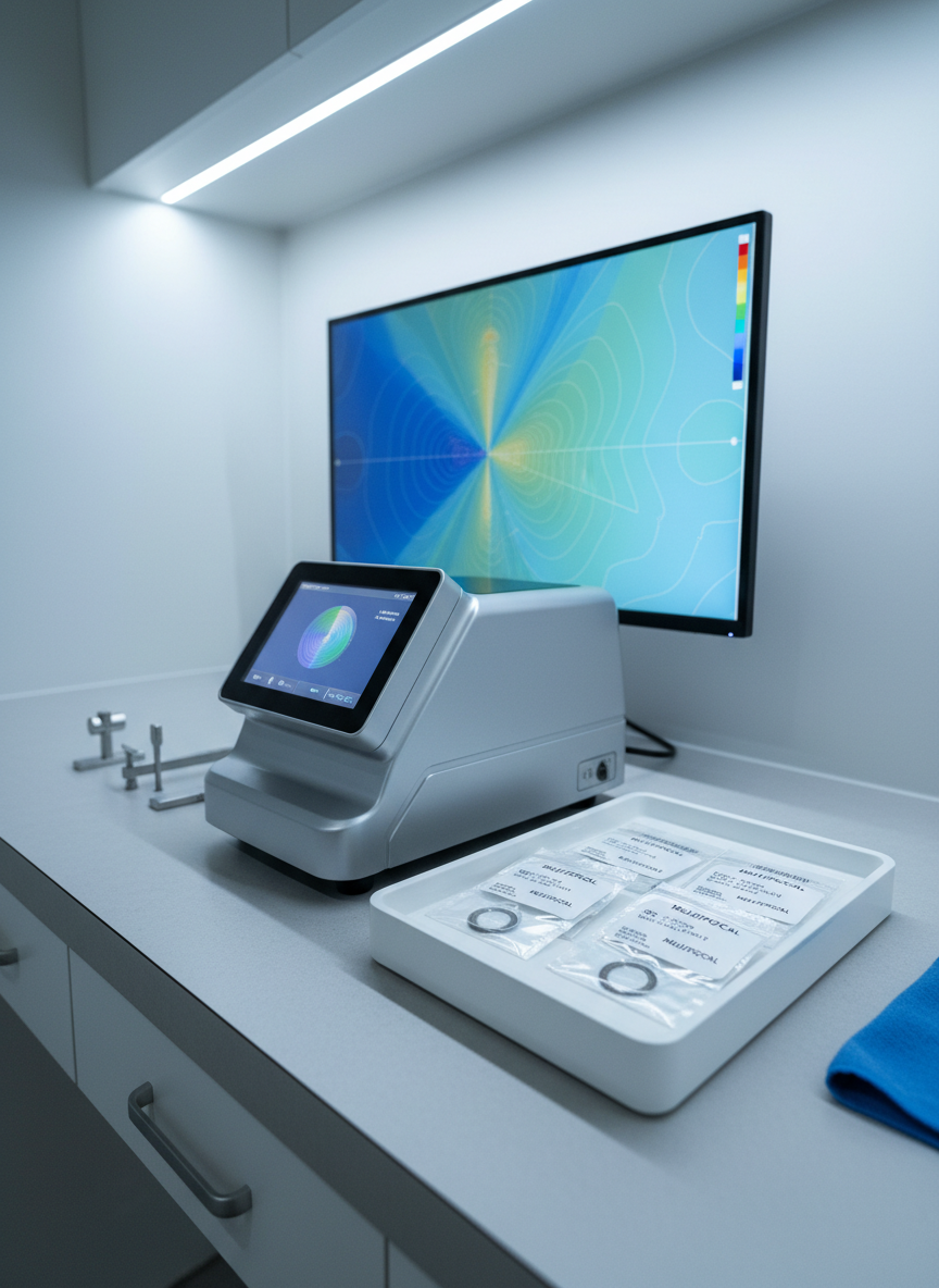 A precise, photographic-realistic optician’s workstation featuring a digital lens meter, a clean tray with multifocal lenses in individually labeled pouches, and a large monitor displaying a topographic map of lens power gradients in cool blues and greens. The surfaces are immaculate: a light grey matte countertop, minimal tools, and a single microfiber cloth folded at the side. Cool, even LED lighting from above creates a clinical but welcoming brightness, with faint reflections on the equipment screens. Shot from a three-quarter angle with moderate depth of field, the focus rests on the lenses and their data visualization. The atmosphere is highly professional, technical, and trustworthy, ideal for conveying precision fitting of custom multifocal lenses.