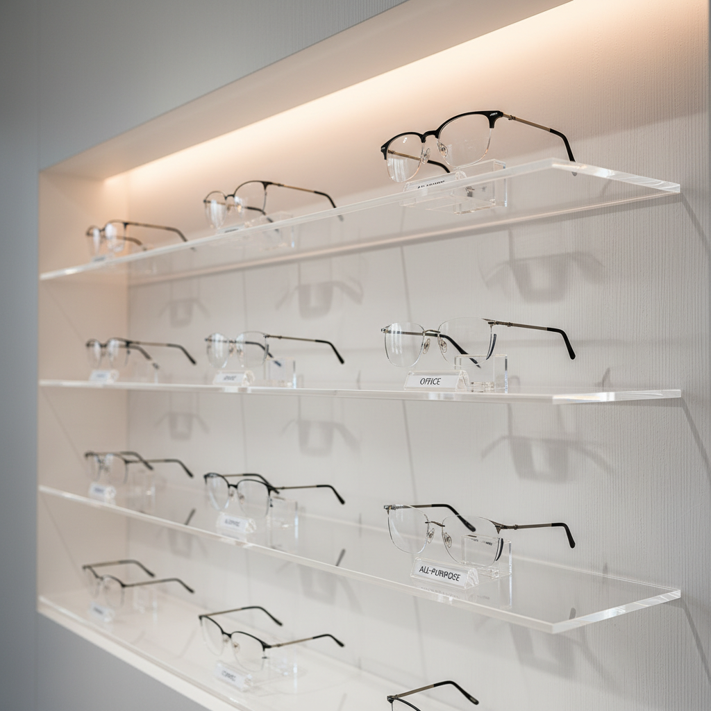 A sleek, wall-mounted display in a modern optical boutique, featuring illuminated transparent shelves holding only multifocal lenses mounted in minimalist, rimless demo frames. Each frame sits on a discrete clear stand with a tiny engraved label indicating different designs like office, driving, and all-purpose. The wall behind is matte white with subtle vertical texture, and a concealed LED strip casts soft, downward light, producing elegant highlights on the lens edges and gentle shadows on the wall. Shot from a slightly angled perspective with photographic realism and moderate depth of field, the scene feels premium, organized, and highly professional, ideal for a business emphasizing specialized multifocal solutions.